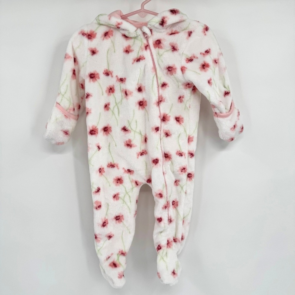 Laura Ashley White/Pink Fleece Floral Hooded Coverall Baby One-Piece Size 3-6MO